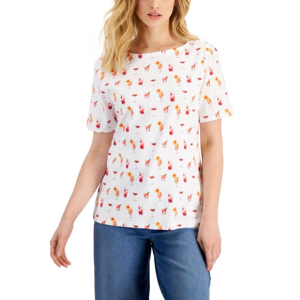 Charter Club Womens Boat Neckline Short Sleeve Cotton Printed Top